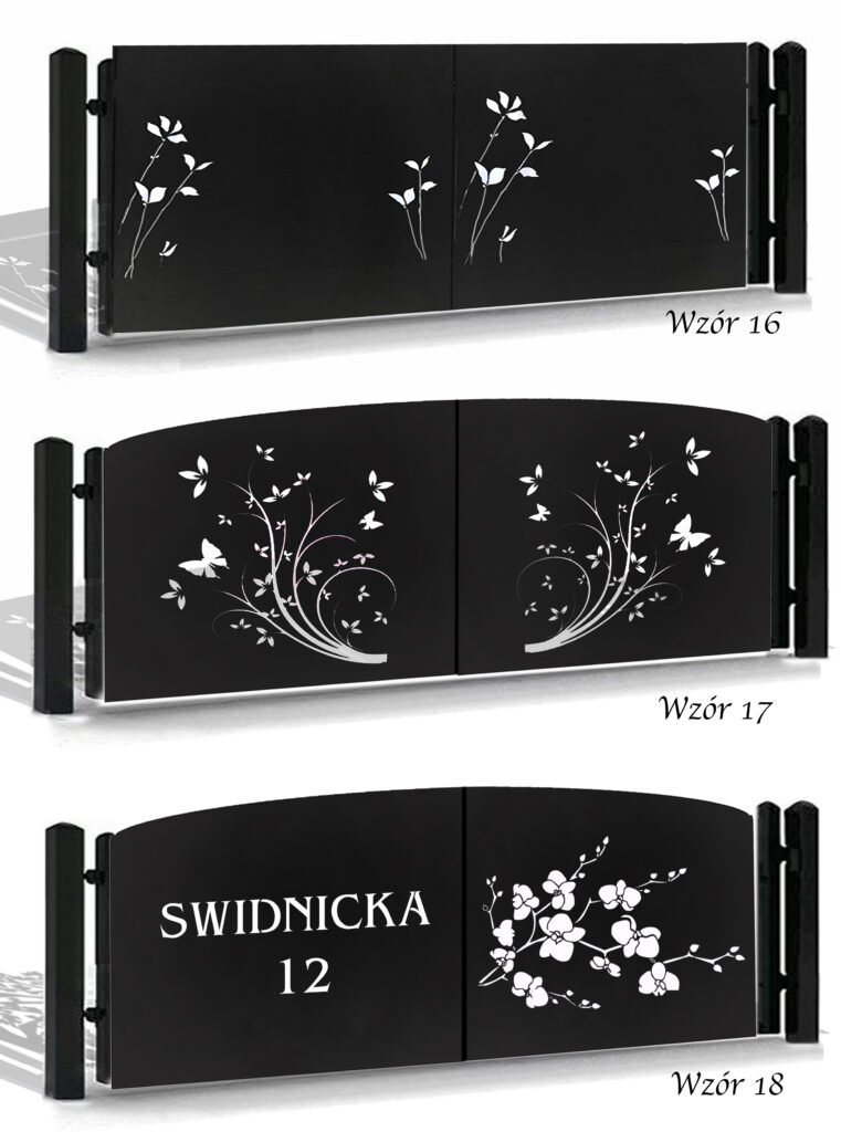 Personalizowany wzornik bram skrzydłowych i uchylnych CNC z eleganckim motywem kwiatów oraz precyzyjnie wyciętą nazwą ulicy i numerem domu, nowoczesne ogrodzenie dekoracyjne z subtelnym wzorem motyli, unikalny design metalowy na indywidualne zamówienie, Personalized House Name Gate, Laser Cut Butterfly Design, Einfahrtstor mit Straßennamen, Modernes Blumendesign.