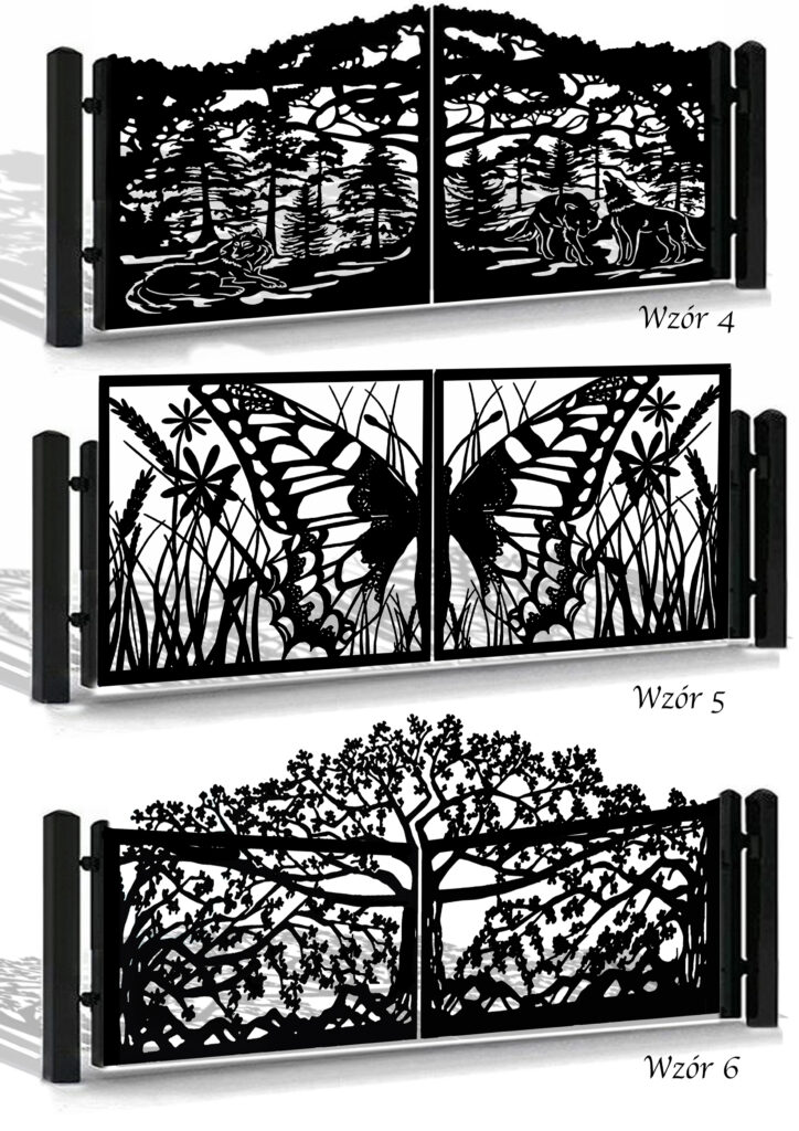 Bogata galeria wzorów bram skrzydłowych CNC z motywami fauny i flory, nowoczesny design przedstawiający wilki, motyle oraz drzewa wycinane laserowo, artystyczne wypełnienia ogrodzeń dla stylowego domu i ogrodu, Wildlife Gate Collection, Laser Cut Art, Designertore Tiermotive, Moderne Zaunmuster.