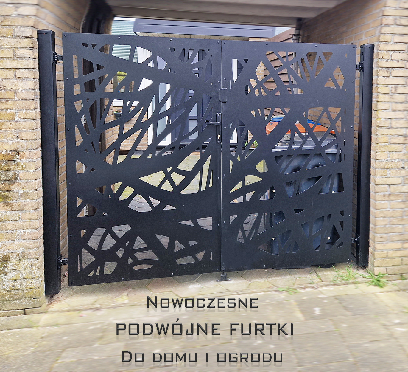 Nowoczesna furtka dwuskrzydłowa w kolorze antracytowym (RAL 7016), podwójna furtka rozwierna w zestawie ze słupkami, ozdobną klamką i solidnymi zawiasami, eleganckie wejście na posesję wycinane laserowo CNC, luksusowe ogrodzenie i panele ogrodzeniowe dla nowoczesnego domu, Double Garden Gate Anthracite,
