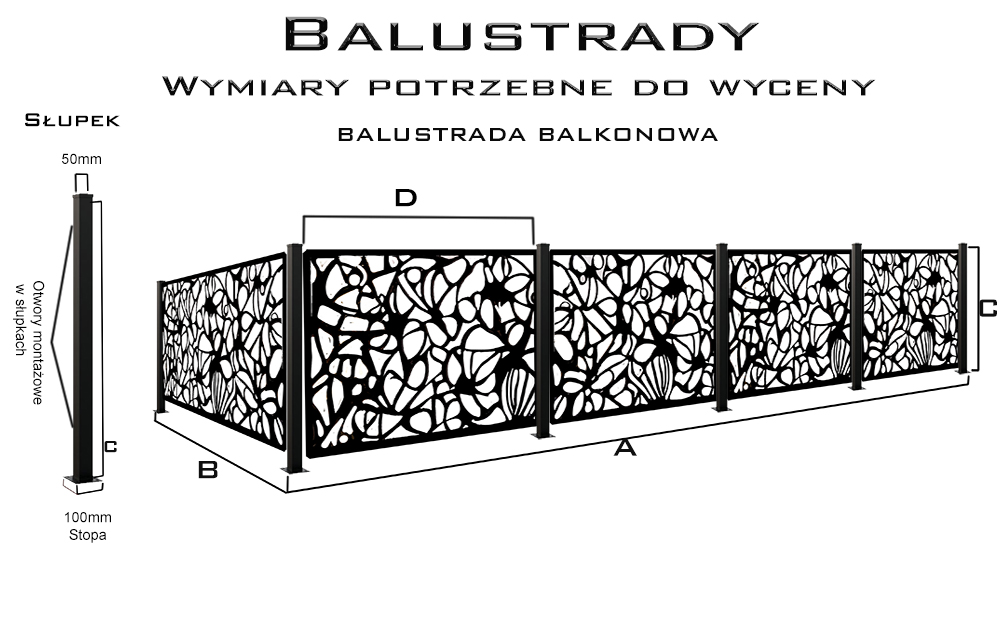 Techniczny szkic nowoczesnej balustrady balkonowej CNC z dokładnymi wymiarami, projekt wykonawczy stalowej osłony balkonu, rysunek techniczny ogrodzenia, Balustrade Design Sketch, Dimensions, Balkongeländer Plan, Maßzeichnung.