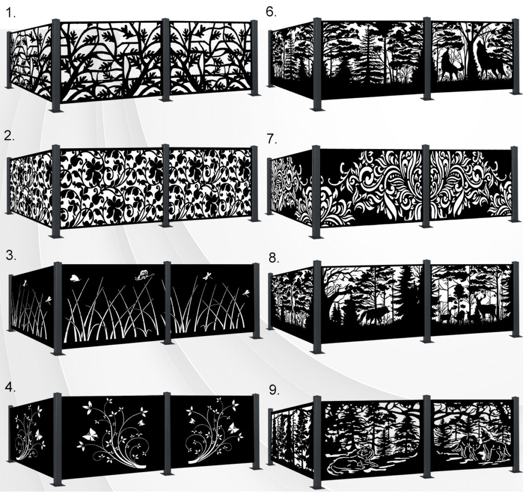 Nowoczesna balustrada balkonowa CNC z motywem lasu, wzór konie, jelenie i wilki, dekoracyjny wzornik stalowy do nowoczesnego domu, Forest Balustrade, Horse Design, Balkongeländer mit Tiermotiv, Wald Optik.