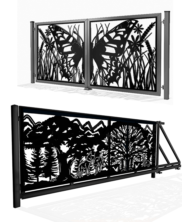 Projekt dwuskrzydłowej bramy CNC z motywem motyla i wilków, nowoczesne ogrodzenie dekoracyjne na wymiar, stal Corten, Butterfly and Wolf Gate Design, Schmetterling Zaun.