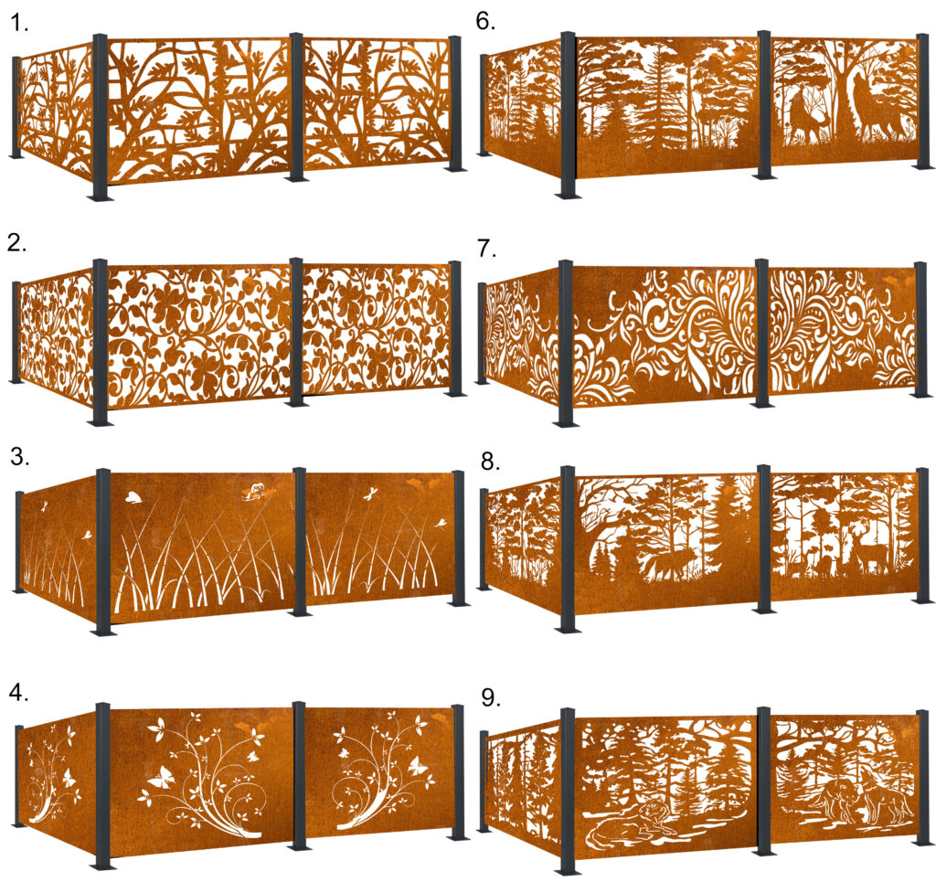 Nowoczesne balustrady na wymiar, corten, dowolne wzory, na zamówienie, balustrada balkonowa i wewnętrzna, panele 3 mm, stal, aluminium, DXF vector, fence, Zaun, modern garden