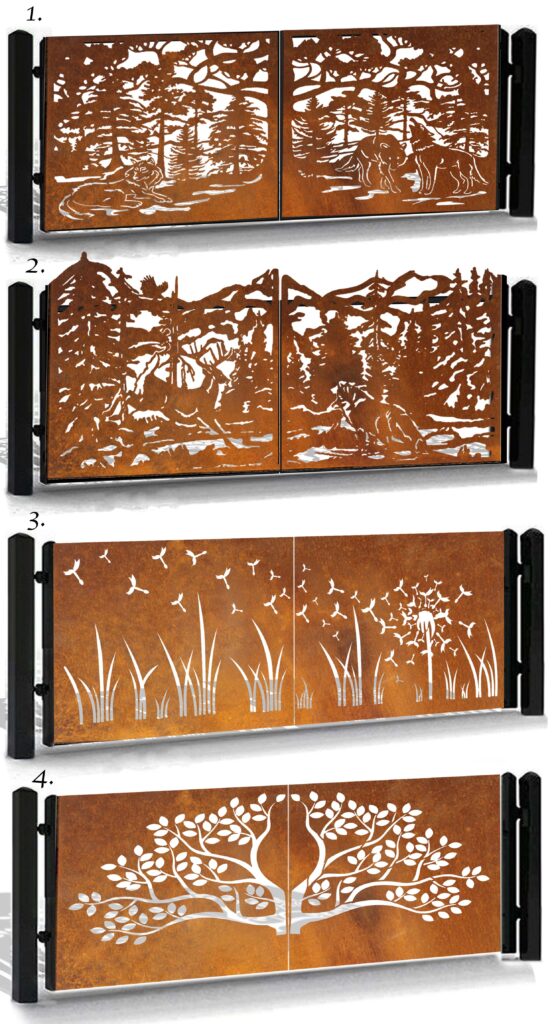 Bramy skrzydłowe corten z motywem lasu, wilków, motyla i kwiatów, natura, nowoczesny ogród i dom, metal, malowanie proszkowe, DXF vector, CNC, fence, Zaun, modern garden