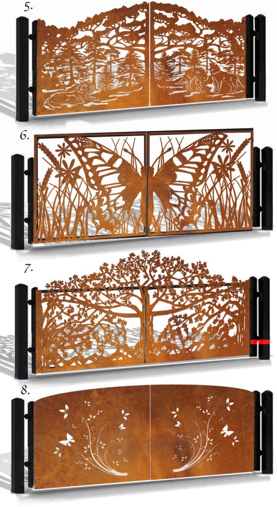 Bramy skrzydłowe corten z motywem lasu, motyla, kwiatów i drzew, natura, nowoczesny ogród i dom, metal, malowanie proszkowe, DXF vector, CNC, fence, Zaun, modern garden