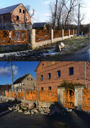 Profesjonalna wizualizacja ogrodzenia CORTEN i paneli ogrodzeniowych CNC, techniczny szkic wzoru wycinanego laserem na wymiar dla nowoczesnego domu, projektowanie ogrodzeń z rdzewionej stali Rust, luksusowe panele dekoracyjne do ogrodu i na posesję, Modern Corten Fence Visualization, Laser Cut Panel Design, Cortenstahl Zaun Visualisierung, Design-Skizze.
